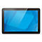 Schwarzes Tablet mit blauem Bildschirm. Der Hintergrund zeigt abstrakte blaue Formen.