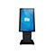 Schwarzer Touchscreen-Kiosk mit blauem Bildschirm und dem weißen "elo"-Logo. Steht auf einem weißen Hintergrund.
