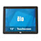 Schwarzer Touchscreen-Monitor mit blauem Hintergrund und weißem "ēlo" Logo. Text: "15" | Touchscreen".