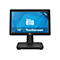 Ein schwarzer Touchscreen-Monitor mit der Aufschrift "ëlo" und "15" Touchscreen" auf blauem Hintergrund. Der Monitor steht auf einem schwarzen Sockel.