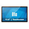 Schwarzer 15,6-Zoll Elo Touchscreen Monitor vor blauem Hintergrund mit Logo.
