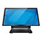 Schwarzer Touchscreen-Monitor mit blauem Muster auf dem Bildschirm und schwarzem Sockel. Die Form ist rechteckig.