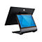 Ein schwarzer Touchscreen-Monitor mit blauem Bildschirm, der auf einer grauen Basis steht, vor weißem Hintergrund. Das Logo "elo" ist sichtbar.