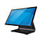 Schwarzer Touchscreen-Monitor, blaue Anzeige, geneigt. Auf hellem Hintergrund. 
