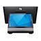 Ein schwarzer Touchscreen-Monitor von Elo vor weißem Hintergrund. Bildschirm mit blauem geometrischen Muster. Aufschrift „elo“.