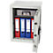 Open safe with file folders and a gray box.
