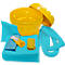 Yellow barrel with lid and cleaning supplies: wipes, gloves, hose and bag.