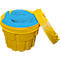 Yellow oil drum container with blue absorbent, lid next to it.