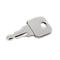 A silver key on a white background. It has a rectangular head with a hole and a toothed shaft.