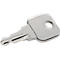 Close-up of a single, silver key. The surface is smooth, the background is white.
