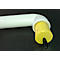 Yellow cylinder with black handle in white elbow. Black background.