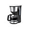 Schwarze Filterkaffeemaschine mit Glaskanne und Edelstahl-Elementen vor weißem Hintergrund.