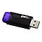 Schwarzer Emtec USB-Stick mit violettem, durchscheinendem Endstück vor weißem Hintergrund.