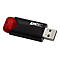 Schwarzer Emtec USB-Stick mit rotem, transparentem Endstück vor weißem Hintergrund.