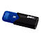 Schwarzer und blauer Emtec USB-Stick mit 32 GB Kapazität vor weißem Hintergrund.