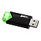 Schwarzer Emtec USB-Stick mit durchsichtiger, hellgrüner Schutzkappe vor weißem Hintergrund.