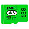 Grüne Emtec 128 GB Micro-SD-Karte mit Gaming-Controller-Symbol auf weißem Hintergrund.
