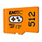 Orangefarbene Micro-SD-Karte mit schwarzem Schriftzug: EMTEC, 512, Logo mit Spielecontroller, Micro SDXC, V30, I A2.