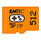 Orangefarbene MicroSD-Karte mit EMTEC-Logo, Controller-Symbol und 512 GB-Aufdruck.