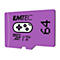 Lila Emtec microSD-Speicherkarte mit 64 GB Kapazität und einem Gamecontroller-Symbol auf der Vorderseite.