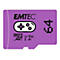 Lila Emtec microSD-Karte mit 64GB Speicherplatz und Gaming-Controller-Grafik auf weißem Hintergrund.