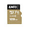 Goldene Emtec Micro SD Karte mit 128 GB Speicherplatz auf weißem Hintergrund.