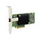 Grüne PCIe-Netzwerkkarte mit schwarzem Kühlkörper und einem Port, isoliert auf weißem Hintergrund.