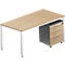 Un bureau clair avec un plateau en bois, une structure blanche et un caisson mobile gris avec tiroirs.