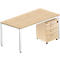 Un bureau moderne avec un plateau de table brun clair et des pieds en métal blanc. Un meuble avec tiroirs sur roulettes.