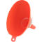 Un entonnoir en plastique orange. L'entonnoir a une forme ronde avec un petit bec et une poignée avec un trou.