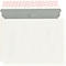 A white envelope is open. The top part is gray striped and printed with red text.