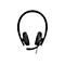 Schwarzes Headset, Bügel und Ohrmuscheln. Mikrofon am linken Ohr. Kabel nach unten.
