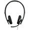 Black headset with ear cups, microphone and headband.