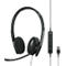 Black headset with microphone and USB connection. The headset has padded earcups and a remote control.