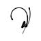 Ein schwarzes Headset mit Mikrofon, das auf weißem Hintergrund isoliert ist. Das Headset hat einen Kopfbügel und ein drehbares Mikrofon.
