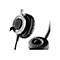 Nahaufnahme eines Headsets mit schwarzer Ohrmuschel und silberfarbenem GehÃ¤use. Das Kabel verlÃ¤uft nach unten. Eine weitere Ohrmuschel ist separat abgebildet.