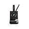 Schwarzes Sennheiser SDW 30 Headset, auf Ladestation. Mikrofonarm angewinkelt. Auf der Station sind Bedienelemente zu sehen.