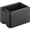 Black, rectangular box with a rough surface. The box has an open top and recessed sides. Small recesses on the sides.