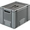 Gray plastic box with lid, grid structure and handles. Ideal for transport and storage.