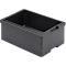 Black, rectangular plastic box with smooth top and rough texture.