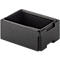 Black rectangular container with an open lid, rough surface.