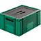 Green plastic crate with lid and handles. The lid is lined with black foam. The sides are perforated.