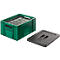 Green transport box with a black lid next to it. Products are in the box.