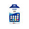 Epson Tintenflaschen-Multipack 103, vier Farben. Schwarz, Cyan, Gelb, Magenta in Flaschen verpackt, vor blau-weißem Hintergrund.
