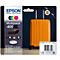 Produktverpackung mit Epson Druckerpatronen und einem Trolley in Orange. Die Verpackung zeigt das Epson-Logo, Produktbezeichnung, und Details.