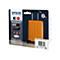 Eine orangefarbene Epson-Multipack-Tintenpatrone (405XL) mit einem Trolley-Koffer im Hintergrund.