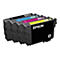 Gros plan sur quatre cartouches d'encre Epson. Noir, cyan, magenta et jaune sont étiquetés, avec le logo Epson.
