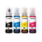 Vier Epson EcoTank Tintenflaschen: Schwarz, Cyan, Gelb und Magenta.