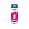 Epson 104 Tintenflasche in Magenta vor weißem und magentafarbenem Kartonhintergrund.