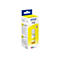 Flacon d'encre jaune pour imprimante, devant un carton jaune. Impression : Epson 112.